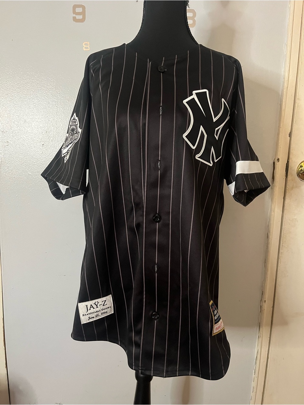 Mitchell & Ness Black Pinstripe NY Baseball Jersey with White Accents